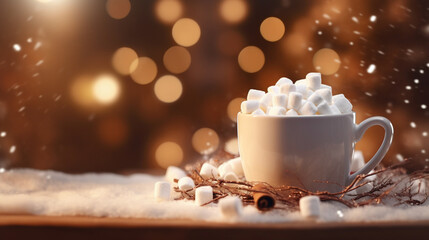 Obraz na płótnie Canvas A captivating bokeh background with a hyper-realistic cup of hot cocoa, topped with marshmallows and a dusting of cocoa powder. Generative AI