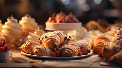 A bokeh-laden image showcasing a hyper-realistic assortment of freshly baked pastries, including croissants and danishes. Generative AI