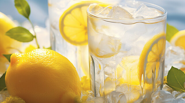 A bokeh-laden image showcasing a hyper-realistic glass of lemonade, with lemon slices and ice cubes floating in the refreshing drink. Generative AI