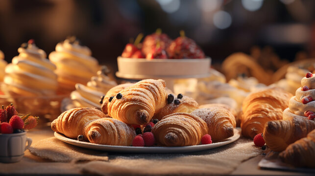 A bokeh-laden image showcasing a hyper-realistic assortment of freshly baked pastries, including croissants and danishes. Generative AI