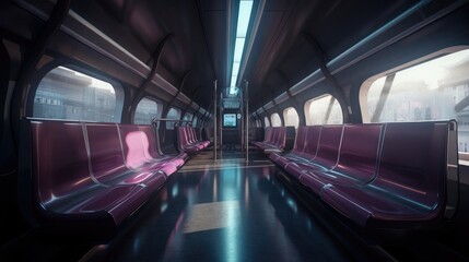 Inside an empty high speed train. Created with generative AI.