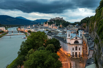 Beautiful view of the historic city of Salzburg with Festung Hohensalzburg in summer, Salzburger Land, Austria. Panoramic summer cityscape of Salzburg, Old City, birthplace of famed composer Mozart.