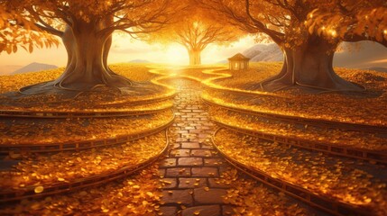 golden path, path to the golden tree, symbol of prosperity. Created with Generative AI.