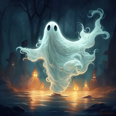 Halloween ghost illusrtation. Creepy costume in night scene. Holiday spooky nightmare, mysterious scary spirit in darkness with fog smoke