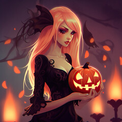Halloween woman, female person with Jack lantern, scary pumpkin. Holiday black costume dress, vampire gothic model in night. Mysterious sexy witch