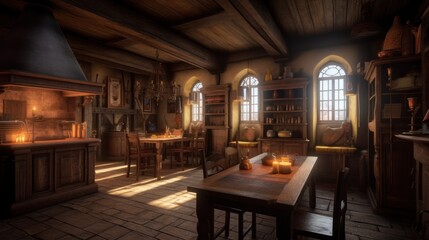 Fototapeta na wymiar Medieval tavern interior design, medieval bar generative ai