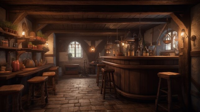 Medieval tavern interior design, medieval bar generative ai
