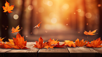Naklejka na ściany i meble Autumn maple leaves on wooden table Falling ,Ai generated art illustration.