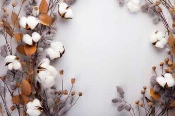 Obraz na płótnie Canvas Autumn composition. Frame made of eucalyptus branches, flowers