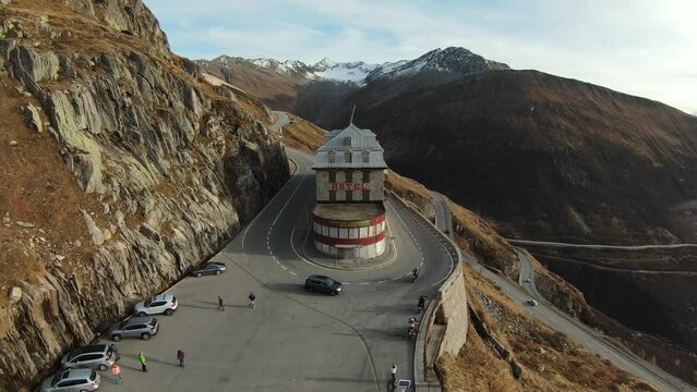 Aerial View of Hotel Belvedere, Furka Pass in Wallis - Switzerland 