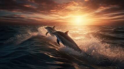 dolphin jump at sunset. Created with generative AI.
