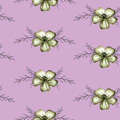 Seamless Pattern with Hand Drawn Marigold Flower.