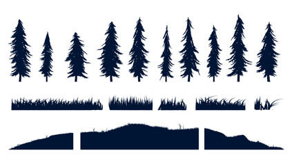 Trees and forest elements vector graphics - Collection of tree and grass designs on white background © Knut