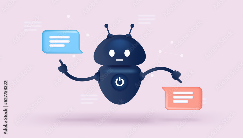 Fototapete Chatbot robot character- Vector illustration of black bot pointing at speech bubbles and taking