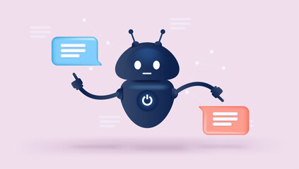 Chatbot robot character- Vector illustration of black bot pointing at speech bubbles and taking