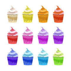Colorful cupcakes icon set. Various cakes with different fruit and berries flavors for menu, cafe. Flat cartoon vector illustration isolated on white background