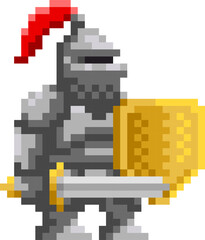Fototapeta premium Medieval knight with sword and shield pixel art. Retro video-game character. Cartoon vector illustration.