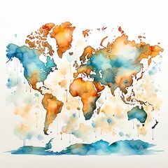 Watercolor Clipart Vintage-Style Map of the World in Pastel Orange and Baby Blue Hue
