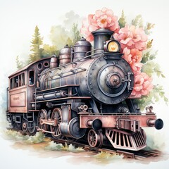 Fototapeta na wymiar Watercolor Clipart Train Engine with Floral Embellishment, on white background
