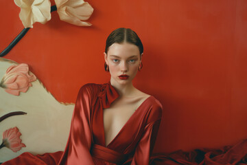 young brunette white caucasian woman in front of red wallpaper background looking sad thoughtful depressed exhausted in fashion/beauty magazine cover editorial textured film look mental health ideals