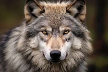 Obraz premium Closeup portrait of a gray wolf Canis lupus, A Grey Wolf staring close up portrait, AI Generated
