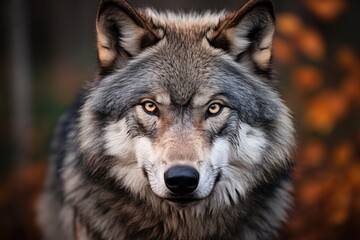 Naklejka na ściany i meble Portrait of a wolf in the forest. A Grey Wolf staring close up portrait, AI Generated
