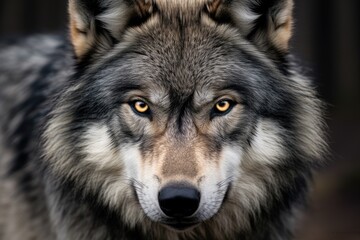 Naklejka na ściany i meble Closeup portrait of grey wolf with yellow eyes in the forest. A Grey Wolf staring close up portrait, AI Generated