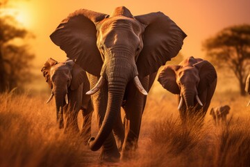 Elephants in Chobe National Park, Botswana, Africa, a herd of elephants walking across a dry grass field at sunset with the sun in the background, AI Generated