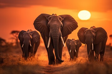 Fototapeta na wymiar Elephants in Amboseli National Park, Kenya, Africa, a herd of elephants walking across a dry grass field at sunset with the sun in the background, AI Generated