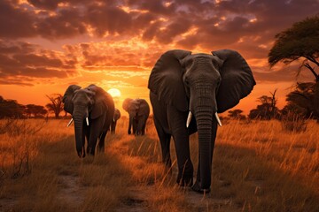 Fototapeta na wymiar Elephants at sunset in Chobe National Park, Botswana, Africa, a herd of elephants walking across a dry grass field at sunset with the sun in the background, AI Generated