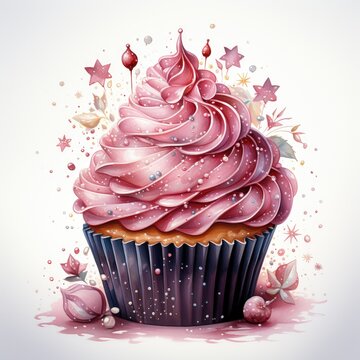 Watercolor Clipart Crown-Topped Cupcake with Edible Glitter
