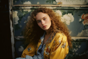 Fototapeta premium portrait of a woman/model/book character surrounded by flowers in daylight with a thoughtful expression in a fashion/beauty editorial magazine style film photography look - generative ai art