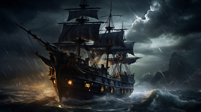 Black pearl pirate ship in thunderstorm with rain at sea