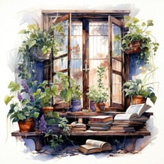 Fototapeta na wymiar Cute Watercolor Reading Window