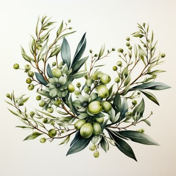 Hand Painted Watercolor Clipart Olive Branch Border with Sprigs and Foliage