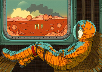 Girl on train. Astronaut traveling by rail on Mars. Martian landscape