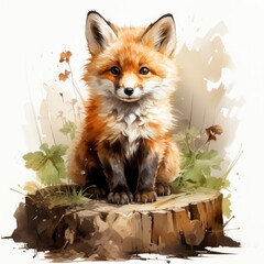 Obraz premium Hand Painted Watercolor Clipart Playful Baby Fox