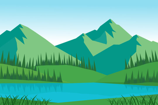 Panorama of spring summer beautiful nature, green grasslands meadow, forest, and river, mountains on horizon background landscape vector illustration