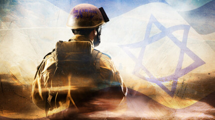 Israeli Soldier created with the help of AI, with underlying flag over the desert of Qumran and the Hebrew letters Israel on the helmet.  AI Generative - obrazy, fototapety, plakaty