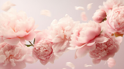 Many delicate tender pink big and small open and closed peony flowers and buds levitating on...