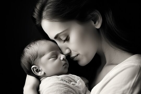 Young mother lovingly cradles her newborn baby in her arms