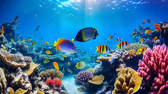 Tropical sea underwater fishes on coral reef. Aquarium oceanarium wildlife colorful marine panorama landscape nature...