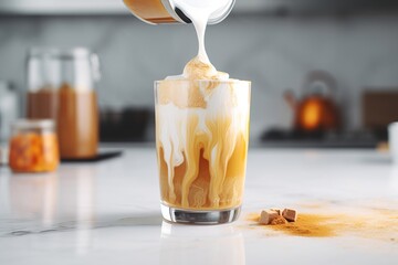 Pouring milk into a glass with warm coffee drink with pumpkin spice or cinnamon, whipped milk foam...