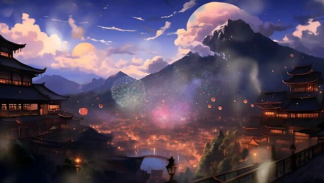 Fantasy lovely anime cityscape. Mountain Village with sparkling lake and shooting stars. Fireworks festival. Seamless loop 4k animation