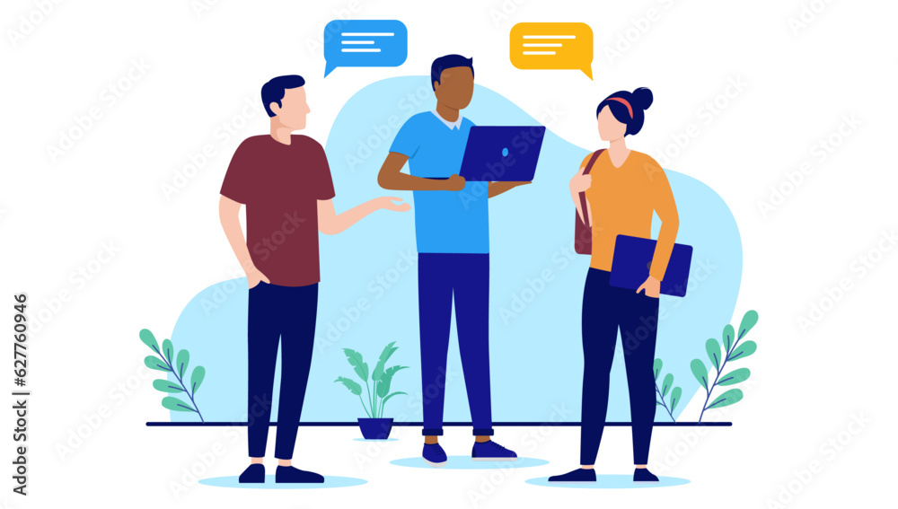 Fototapete Office talk and discussion - Vector illustration of team of three people talking and communicating with speech bubbles. Flat design and white background