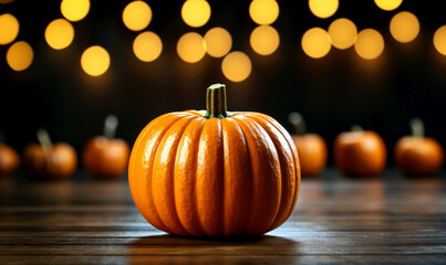 Halloween pumpkin on top of wooden surface with bokeh lights - generative ai