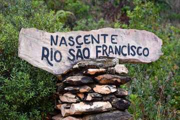 Sign indicating the source of the river São Francisco at SDerra da Canastra national Park