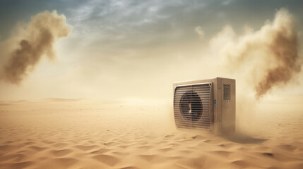 Air Purifier Standing Alone Amid Windy Desert Sands an AC Unit in a Windy Sandy Landscape - Generative AI 