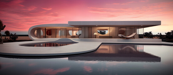 A luxury modern vacation home with a pool in a warm climate with palm trees. The house is a perfect spot for enjoying the view of a red sunset. A perfect relaxing getaway.