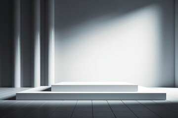 beautiful white minimalist background. Featuring a white podium, textured wall, and artful shadow lights, it exudes sophistication. Perfect for presenting products Generative AI